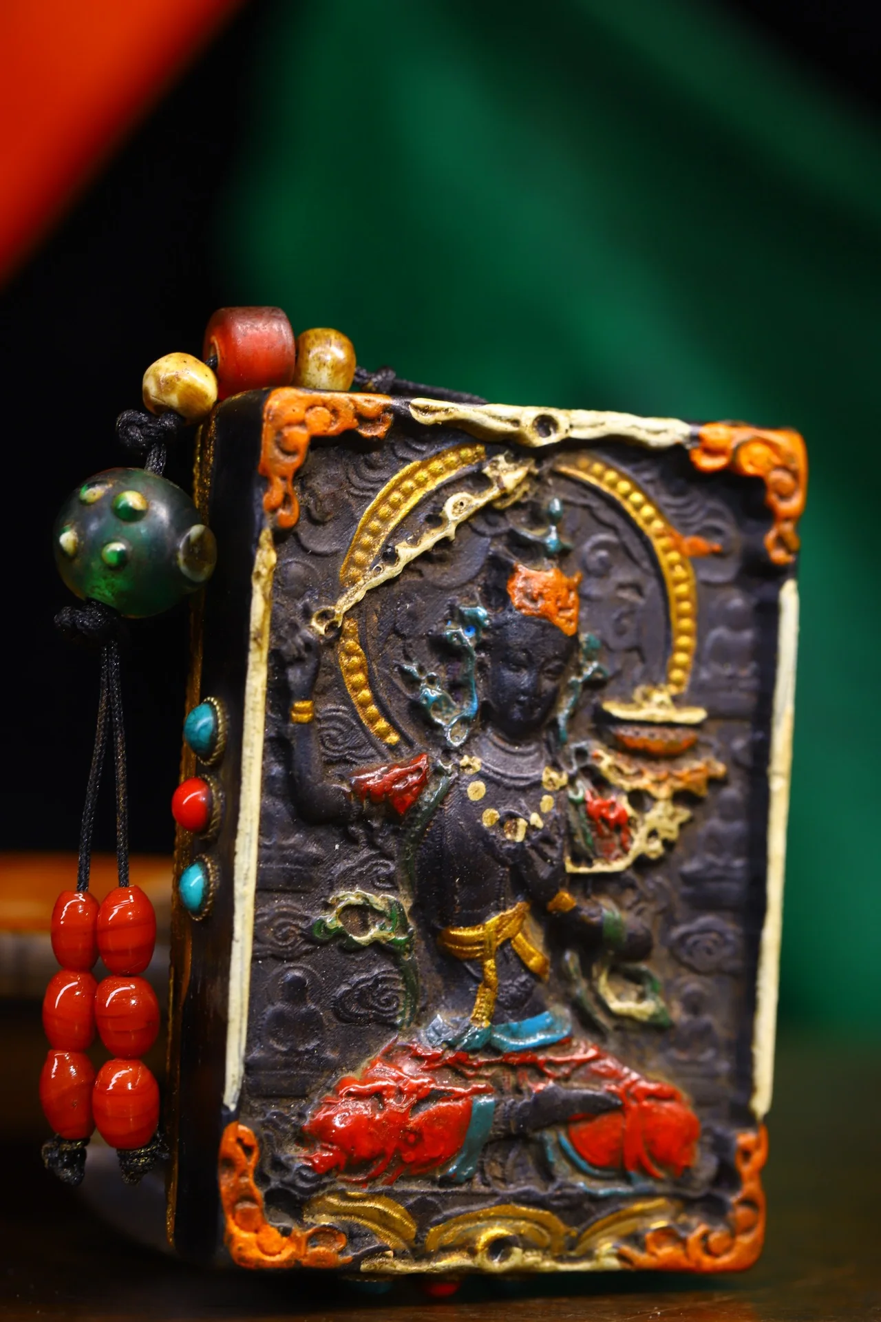 

3"Tibet Temple Collection Old Natural Meteorite Mosaic Gem gZi Beads Shell Painted Manjushri Bodhisattva Buddha Pendant Amulet
