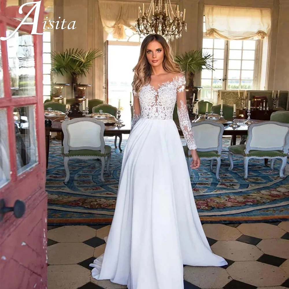 Купи Beauteous Sheer Scoop Neck Wedding Dress A Line Lace Appliques Long Sleeves Bridal Gowns Illusion Back Vestidos De Novia за 5,640 рублей в магазине AliExpress