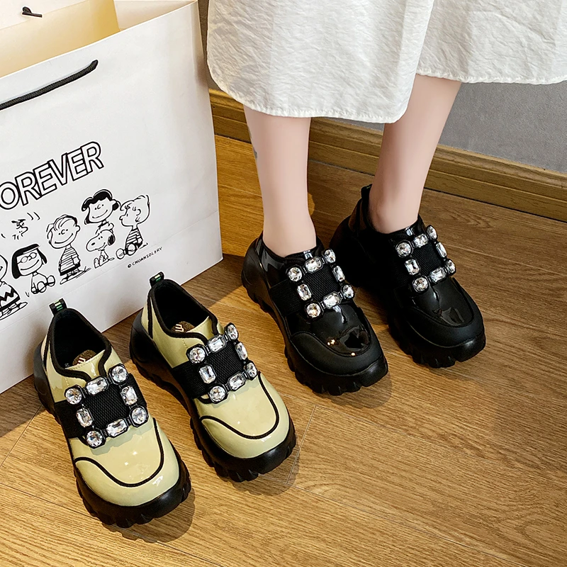 

Женские массивные кроссовки на толстой подошве, черные или зеленые кожаные кроссовки Мэри Джейн с кристаллами, Повседневная модная обувь н...