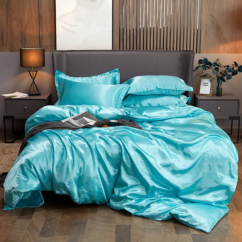 

Solid Color Luxury Icy Silk Bedding Set Twin Queen King Size Bed Set Duvet Cover Pillow Case and Bed Sheet Set Cyan