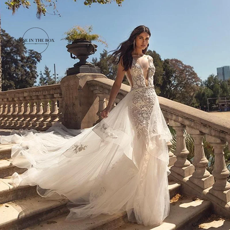 

Свадебные платья-русалки с глубоким V-образным вырезом для свадьбы 2022 изысканное кружевное платье из фатина со съемной юбкой
