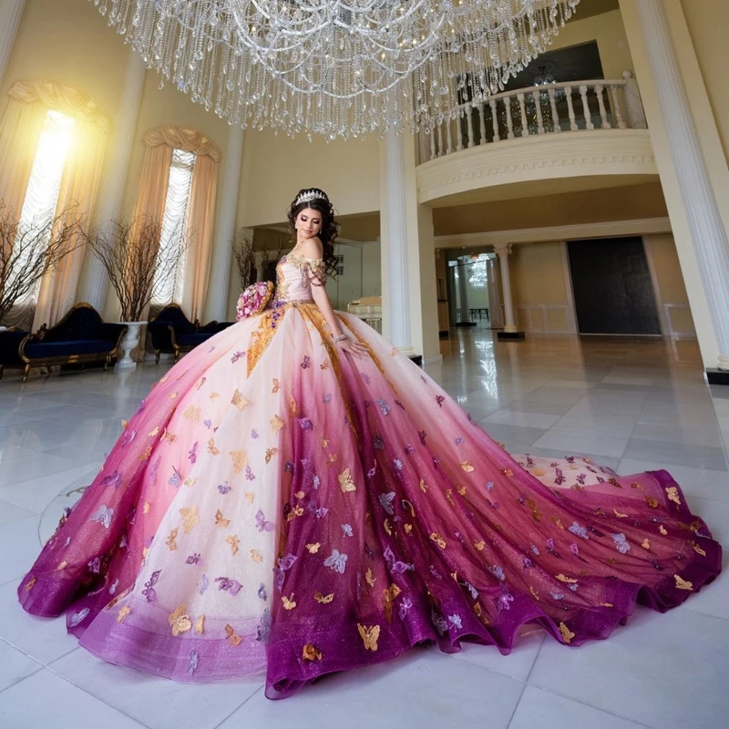 ANGELSBRIDEP 3D бабочка блестящие платья Quinceanera со шлейфом и аппликацией из бисера