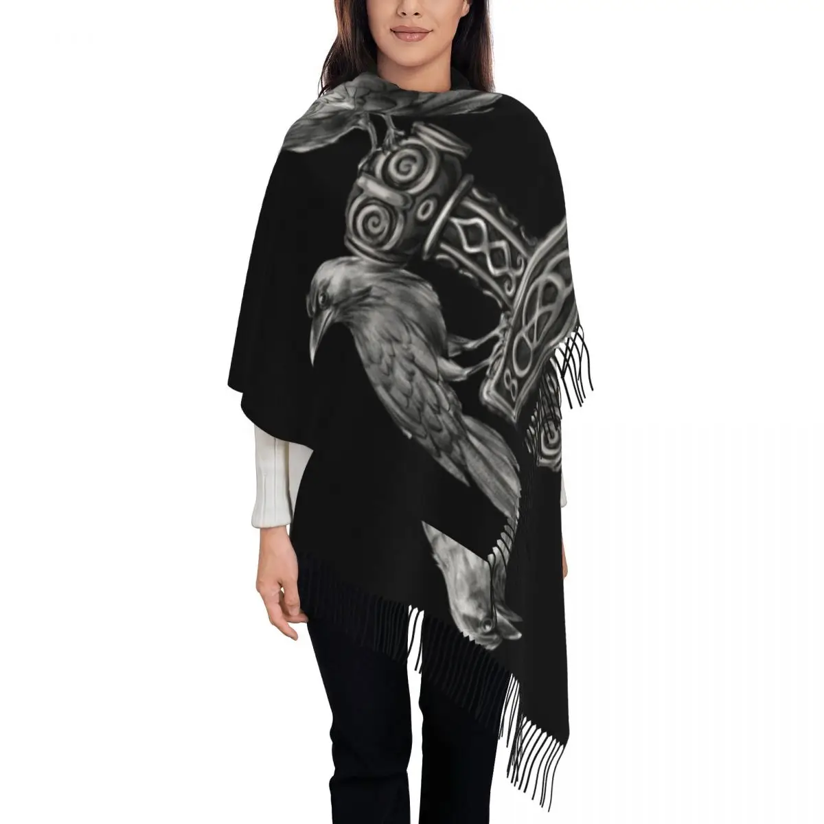 

Customized Print Thor Hammer Mjolnir With Odin Ravens Scarf Men Women Winter Fall Warm Scarves Norse Viking God Shawl Wrap