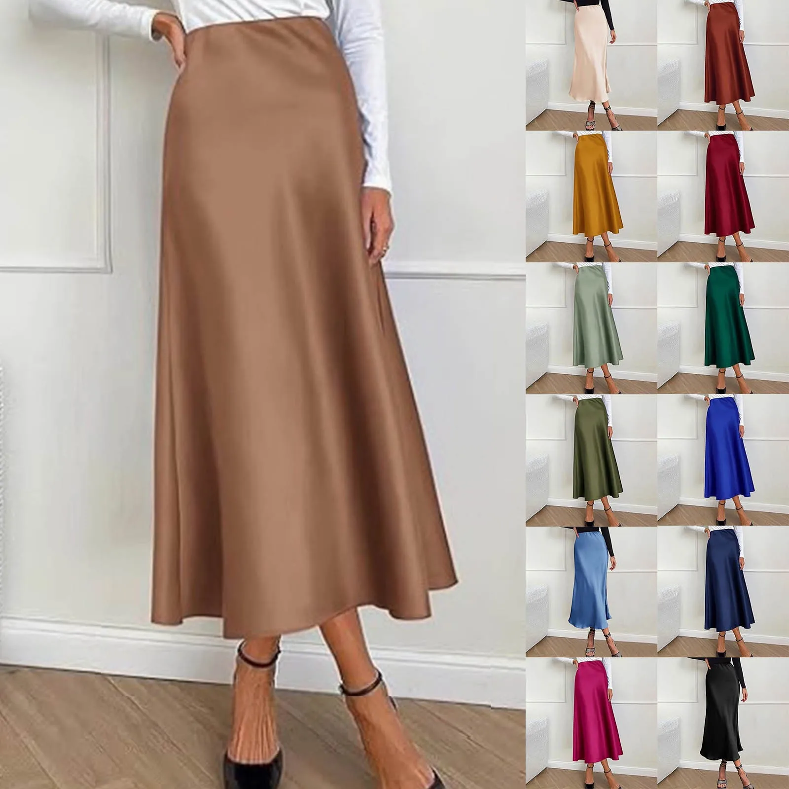 Женская атласная юбка-миди с завышенной талией и широким подолом