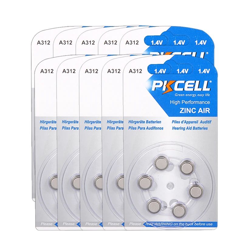 

60pcs / 10cards PKCELL Hearing Aid Battery 312 A312 PR41 7002ZD B347PA AC312 ME7Z Zinc Air Battery