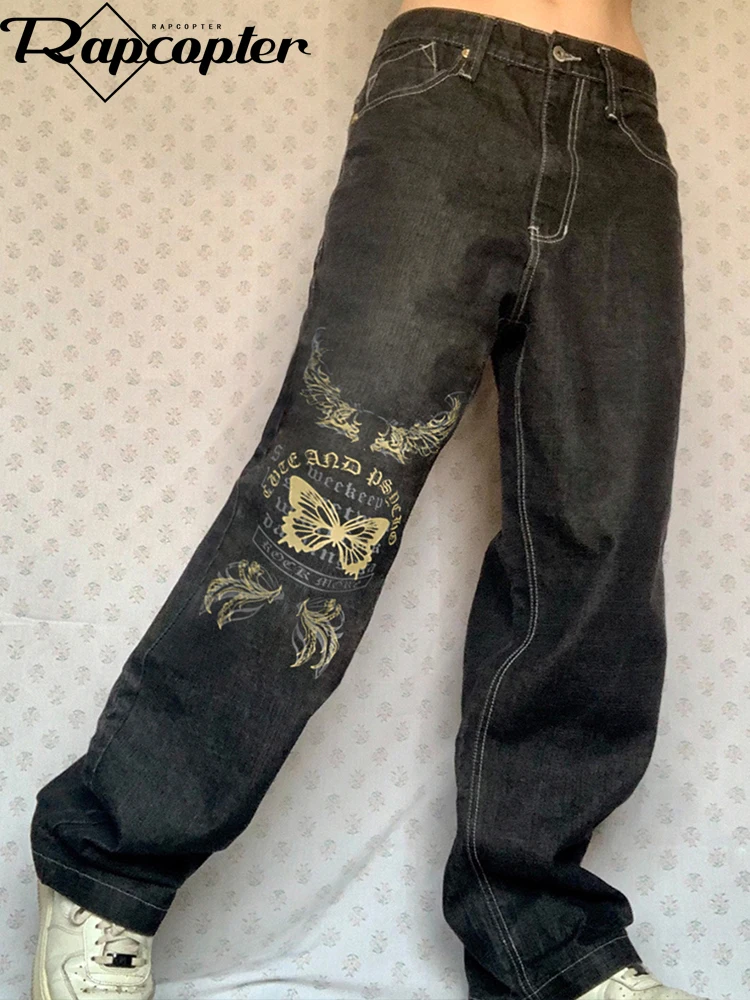 

Джинсы-карго Rapcopter Y2K с принтом, мешковатые брюки с низкой талией в стиле панк, черные готические джоггеры с карманами, корейские брюки в стил...