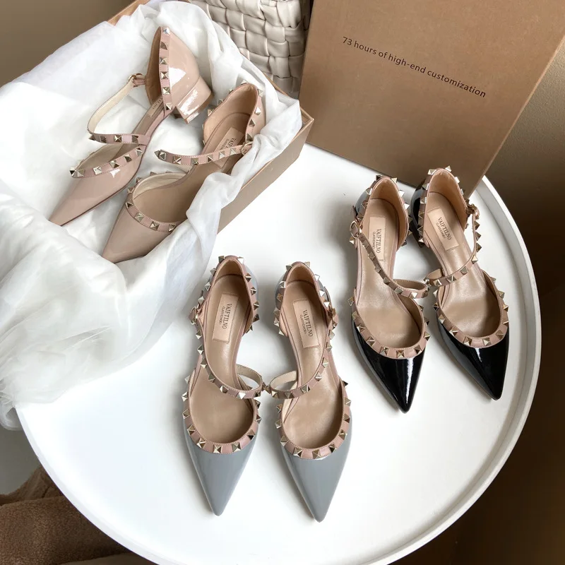 Women's Summer Sandals 2023 With Low Heels Casual Shoes Ankle Strap For Woman High Heels Brand Rivets Elegant Office Pumps Shoes