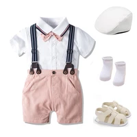 Infant Baby Boutique Set Solid Jumpsuit with Pink Shorts Boys Summer Cotton Outfits Newborn Birthday Fashion Costume 0-18 Months