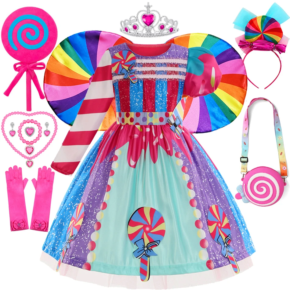 

Candy Print Dress With Headband Girl Sweet Fairy Cosplay Costume Disney Carnival Disguise Fantasy Clothes Kids Fancy Outfits