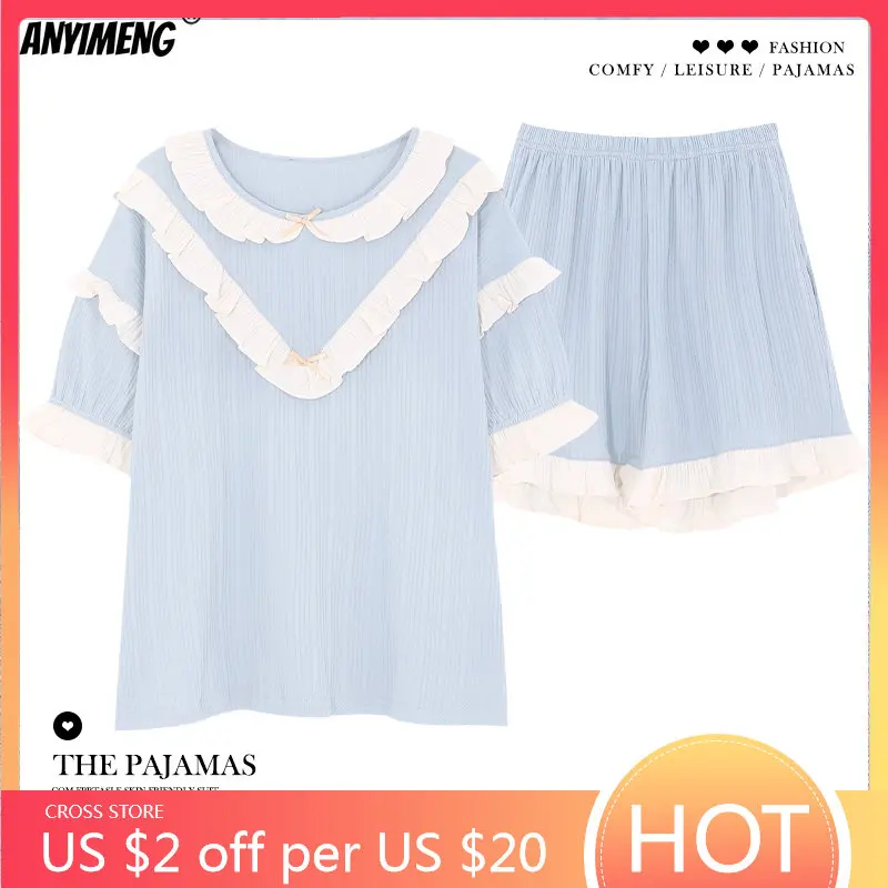 

Cute Ruffle Sleeve Summer Womens Pajama Baby Blue Sleepwear for Girls Elegant Lady Cotton Nightgowns Leisure Loungewear Clothing