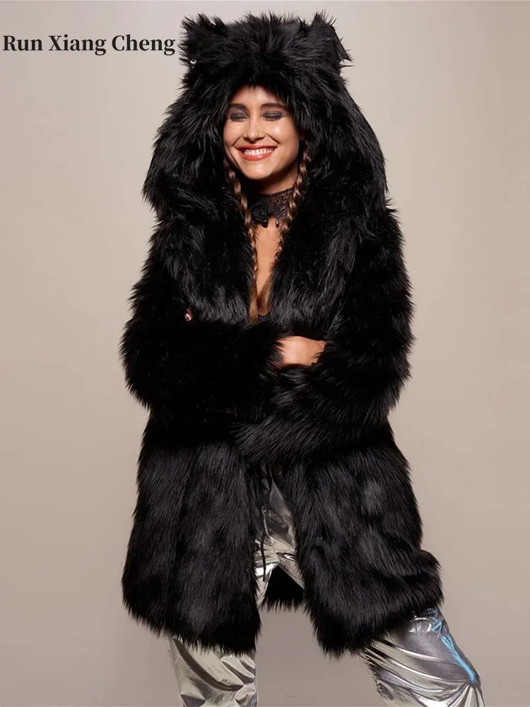 Women's Long Faux Fur Coat 2023 Women's Winter Furry Jackets New Elegant Stuffed Coat Woman Luxury Designer Plush Coat with Hat