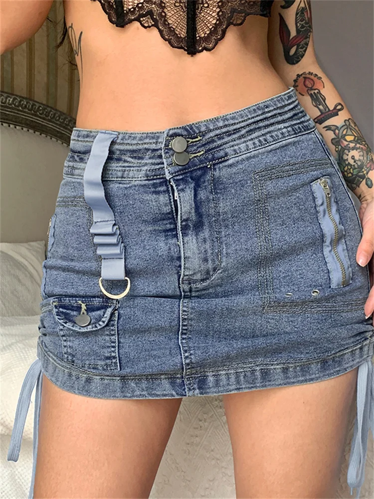 

hirigin Y2K Vintage Bandage Jeans Skirts Women Zipper Tie Up High Waist Pencil Skirts Women Fashion Streetwear Skirts 2022 Club