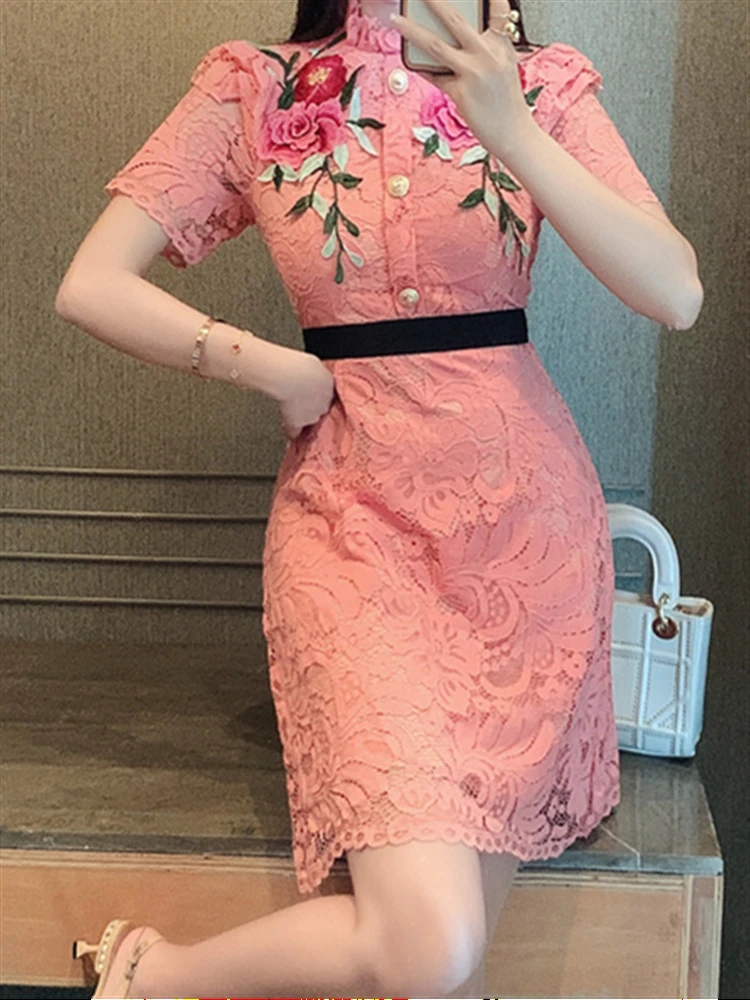 

Однотонное розовое платье, привлекательные летние сетчатые женские платья в стиле бохо с цветочным принтом, женские праздничные элегантные кружевные платья-трапеции с коротким рукавом, 2022