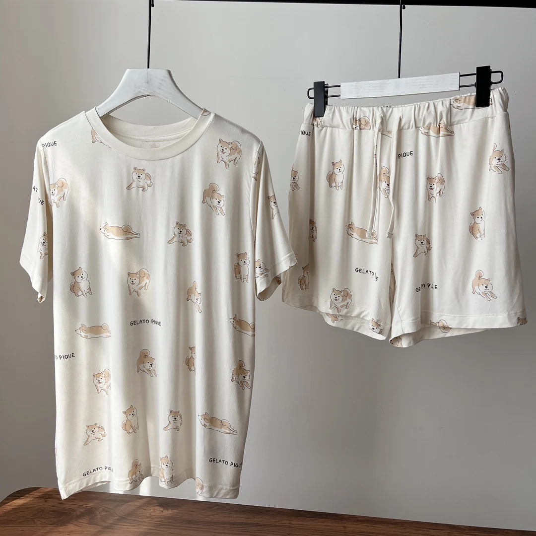 

T-shirt Trousers Dress Sleepwear Short Set Room Wear Gelato Pique Summer Women's Pajama Bottoms Shiba Inu Printed Modal Cotton