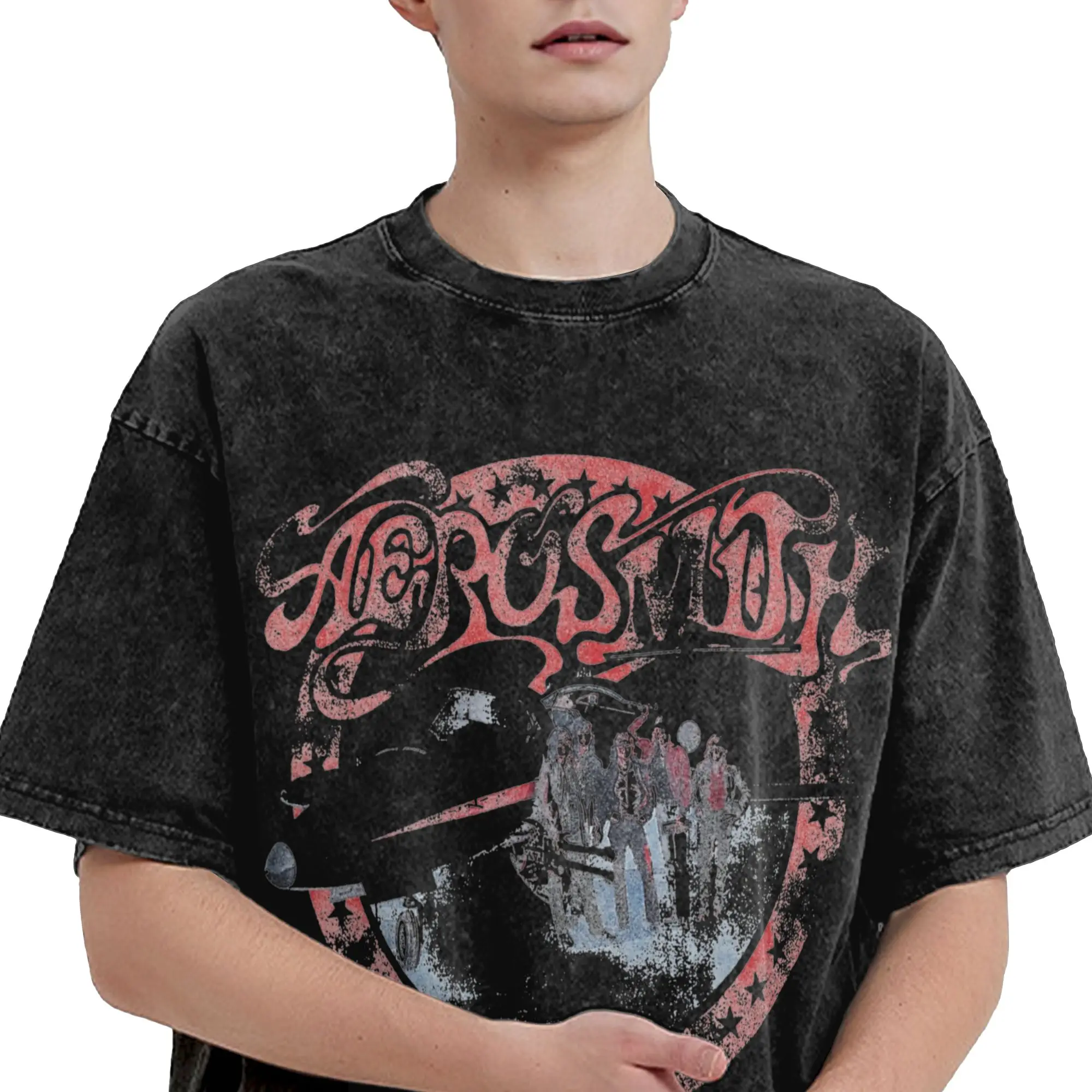 Фото Футболка Harajuku Washed Shirts Aerosmith AEROplane в стиле рок-группы, винтажная, оверсайз, уличная одежда, с коротким рукавом, летняя №3