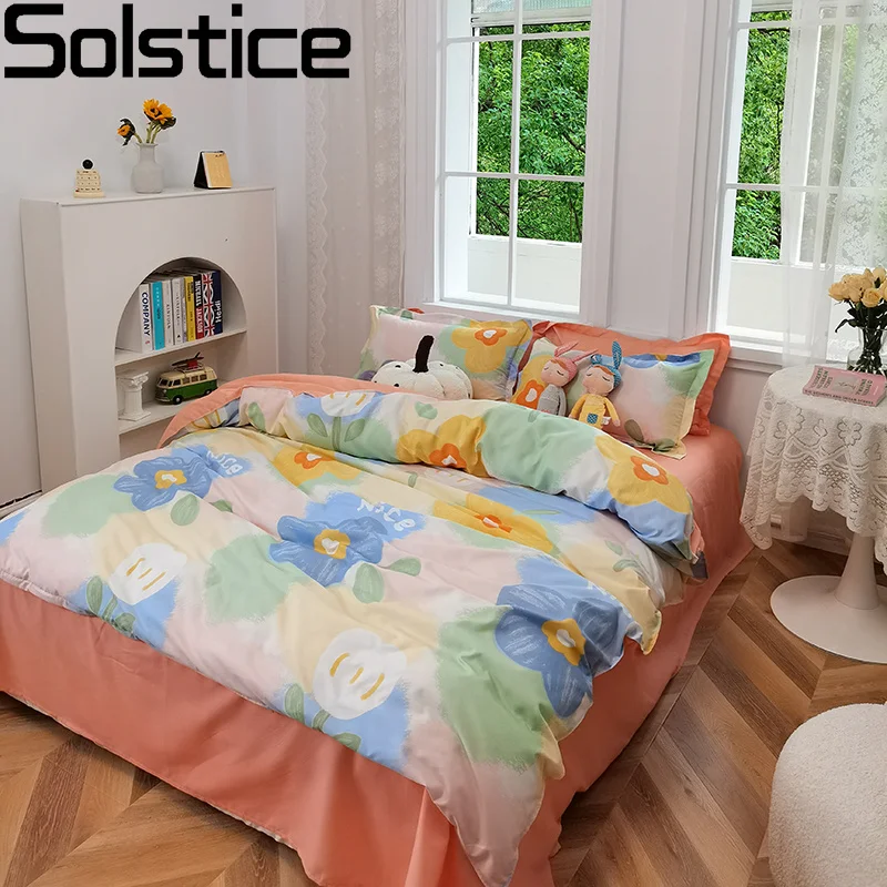 

Solstice Home Bedding Sets Teenage Girl Bedroom Bedding Linen Set Pastoral Orange Flowers Duvet Cover Pillowcase Flat Bed Sheet