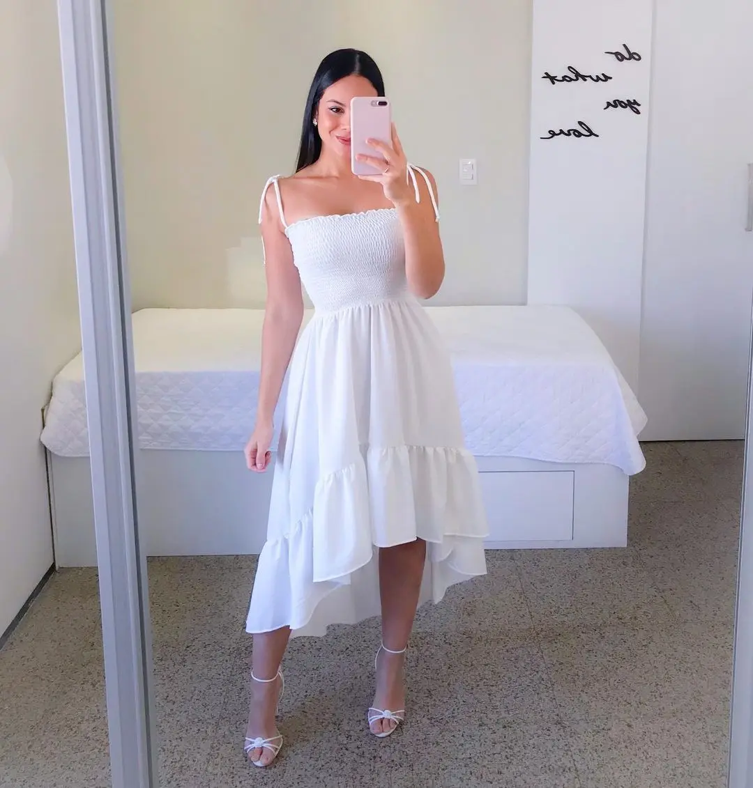 

Новинка 2022, женская одежда, платье без рукавов на бретельках, облегающее платье средней длины, однотонное белое Привлекательное платье с во...