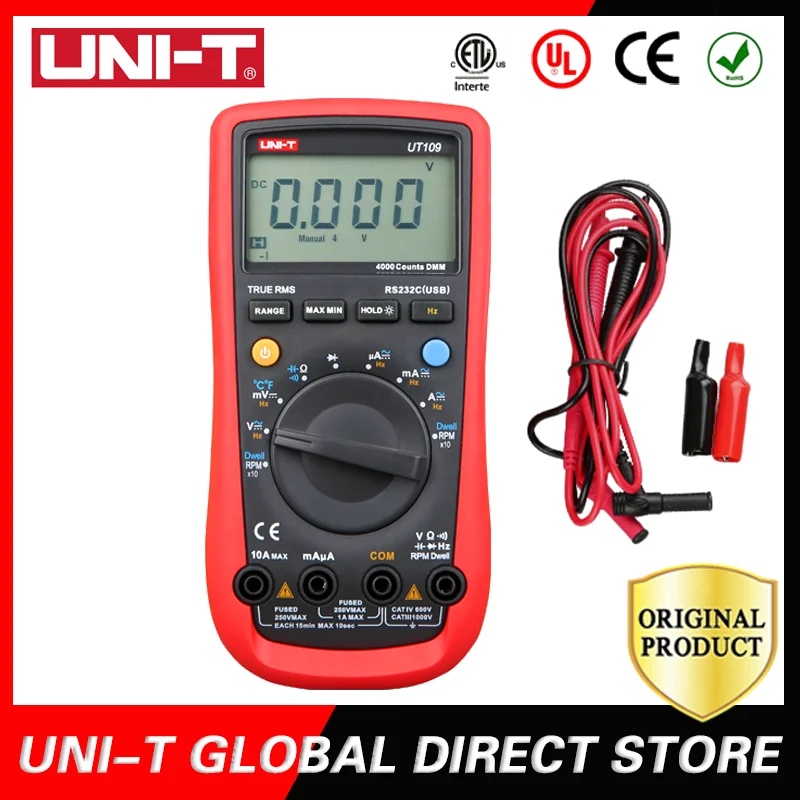 

UNI-T Handheld Automotive Multipurpose Meters Auto Range Multimeters USB PC Connect Dwell Tach LCD Backlight UT109