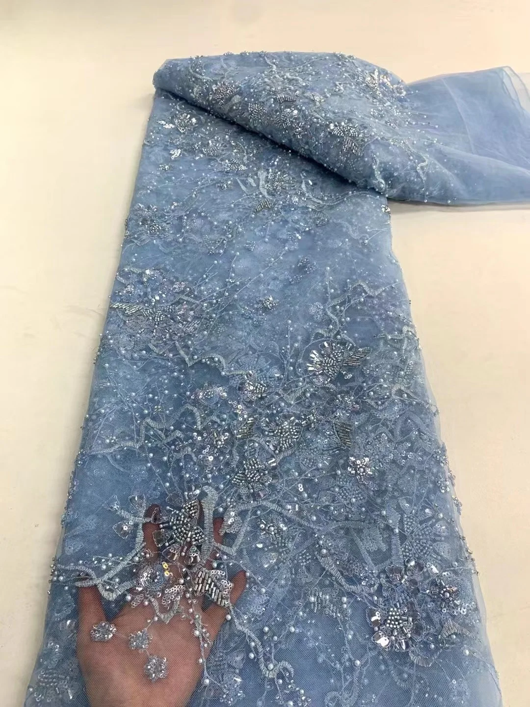 

Latest African Beads Tulle Embroidery with Pearls Sequin Lace Fabric Dubai French Bridal Lace Fabric for Wedding Party Sew