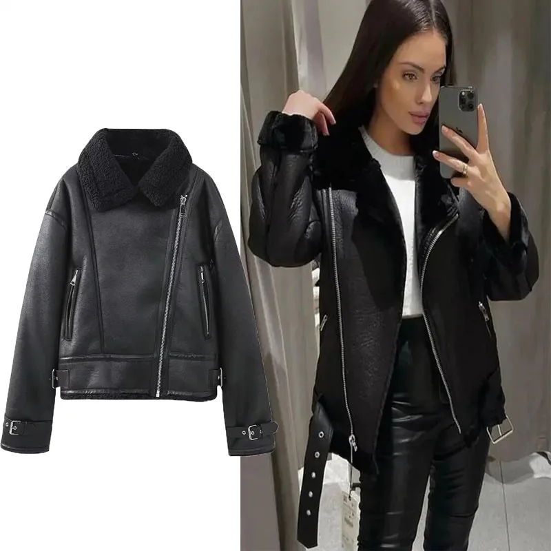 

TRAF Women Faux Leather Crop Jacket Black Lapel Long Sleeves Jacket Coat Autumn Chic Double-Sided Belted Tops Women's Zip Jacket