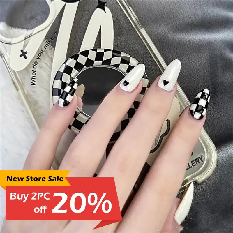 

artificial nails 24pcs checkerboard press on nails Sticker Fake Nails Tips With Glue Full Cover Detachable Finished Fingernails