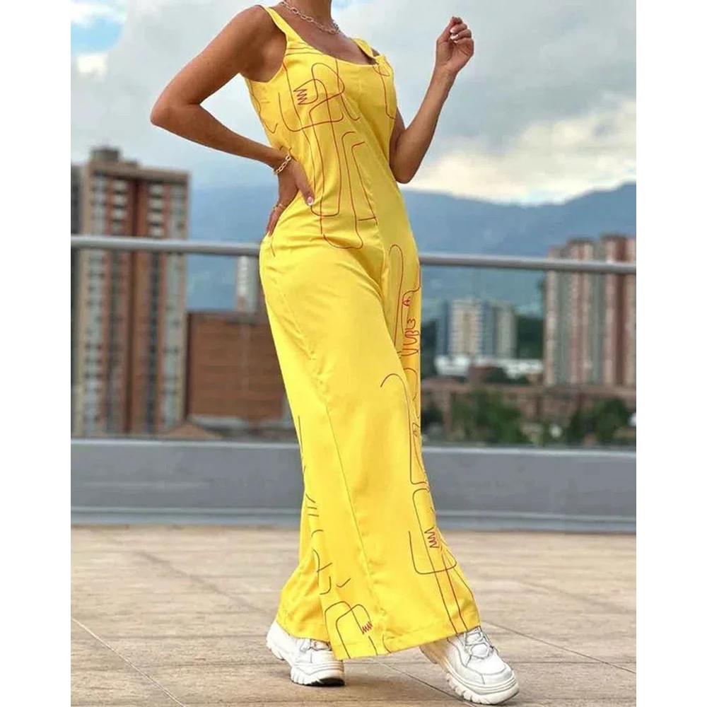 Women Figure Print U-Neck Thick Strap Wide Leg Elegant Casual Jumpsuits 2023 Lady Summer One-Piece Long Jumpsuit Streetwear y2k
