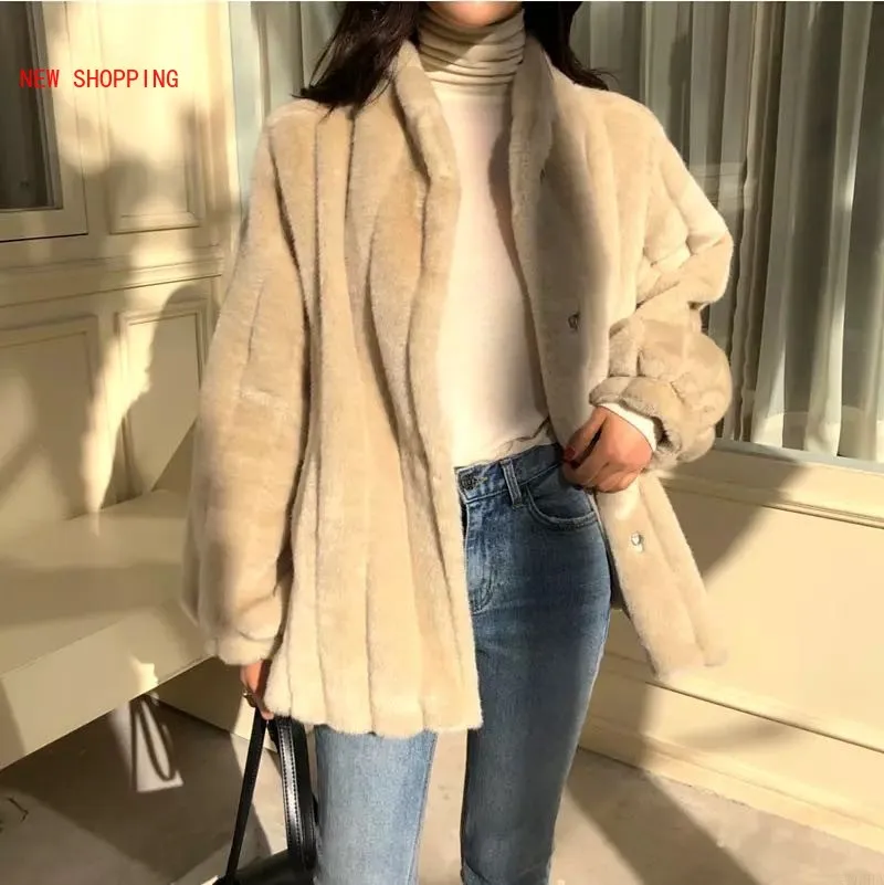 Autumn Winter Faux Fur Furry Coat Women's Winter Mid-length Stand-up Collar Plush Fleece Mink Fur Loose Korean Warm Coats Pink