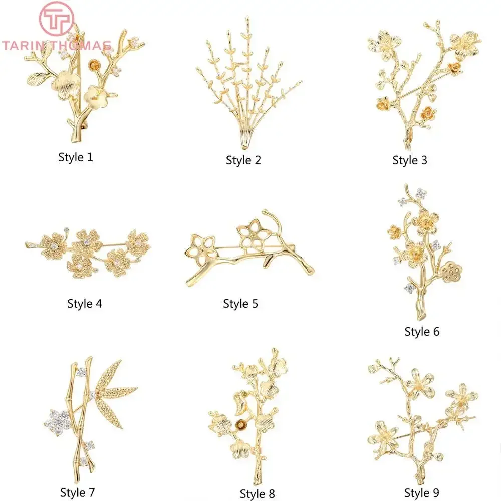 (3419)2PCS 30x33MM 24K Gold Color Plated Brass with Zircon Tree Brooch High Quality DIY Jewelry Making Findings Accessories