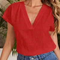 2022 summer cotton linen short sleeve womens v neck simple t shirt women solid color pullover top