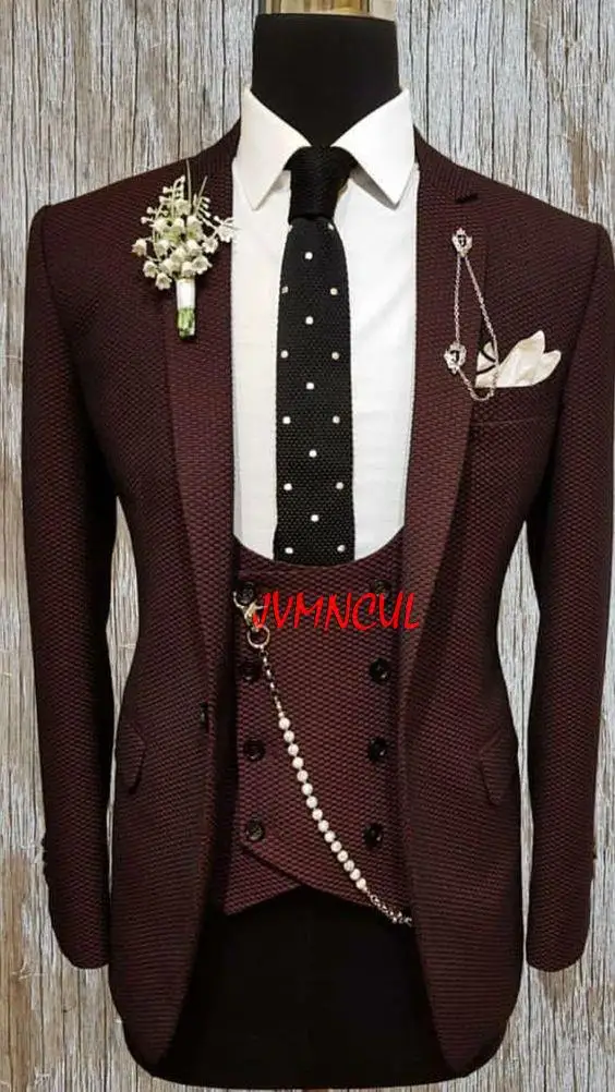 

New Fashion Burgundy Groomsmen Suits Slim Fit Men suit Tuxedos Bridegroom Formal Business Men's Suits( Jacket+Pants+Vest+Tie)
