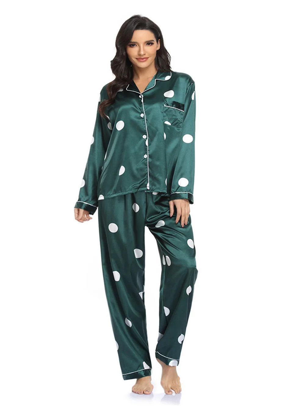 Women Pajamas Set Print Dots Button Down Sleepwear Long Sleeve Nightwear Pants Loungewear Sexy Lingerie Nightwear Satin Leisure