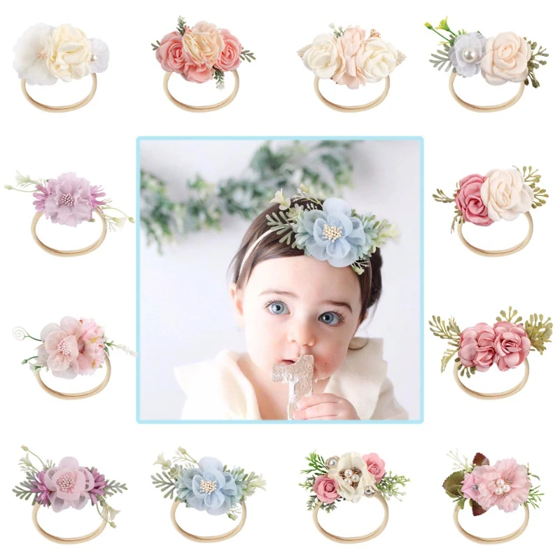 

Baby Girl Flower Headband Pearl Lace Artificial Floral Hair Band Newborn Toddler Infants Nylon Kids Hair Band Hair Accessories