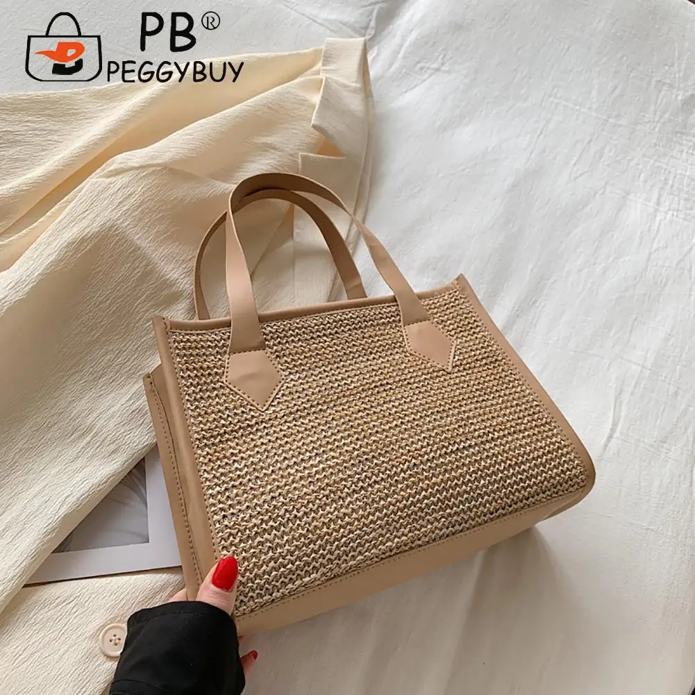 

Casual Women Summer Beach Vacation Straw Woven Shoulder Bag Portable Travel PU Leather Knitted Female Tote Handbags