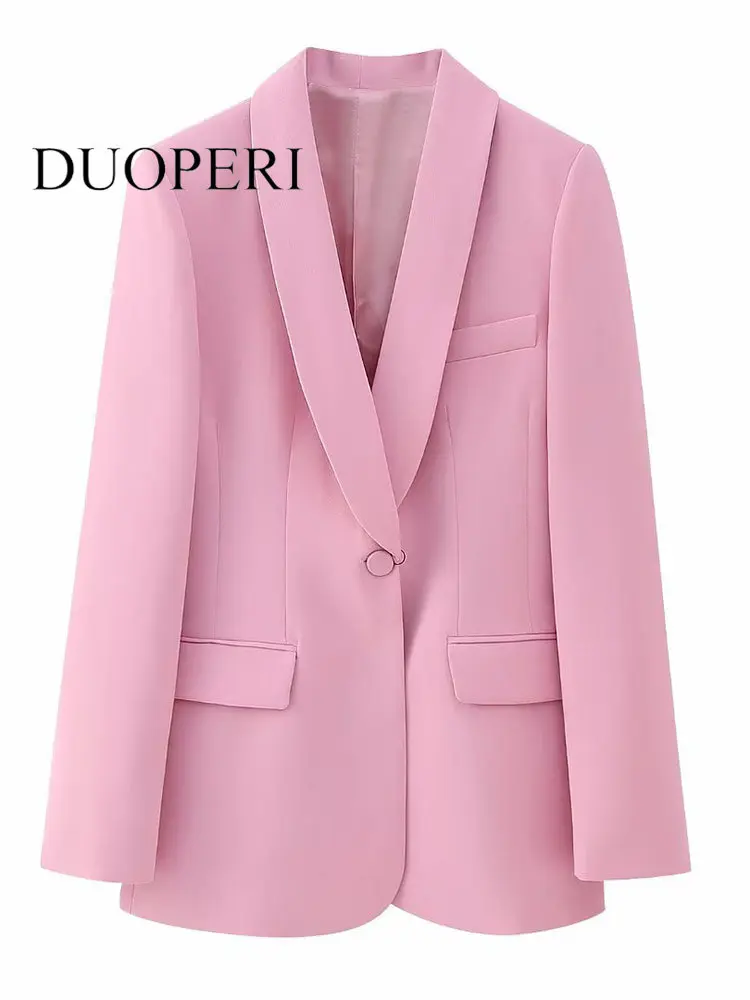 

DUOPERI Women Fashion With Pockets Pink Single Button Blazer Vintage Notched Neck Long Sleeves Female Chic Lady Outfits
