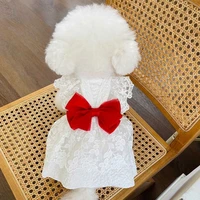 lace princess dress pet dog clothes cat red bow tie clothing dogs wedding dress small chihuahua summer white breathable girl pug