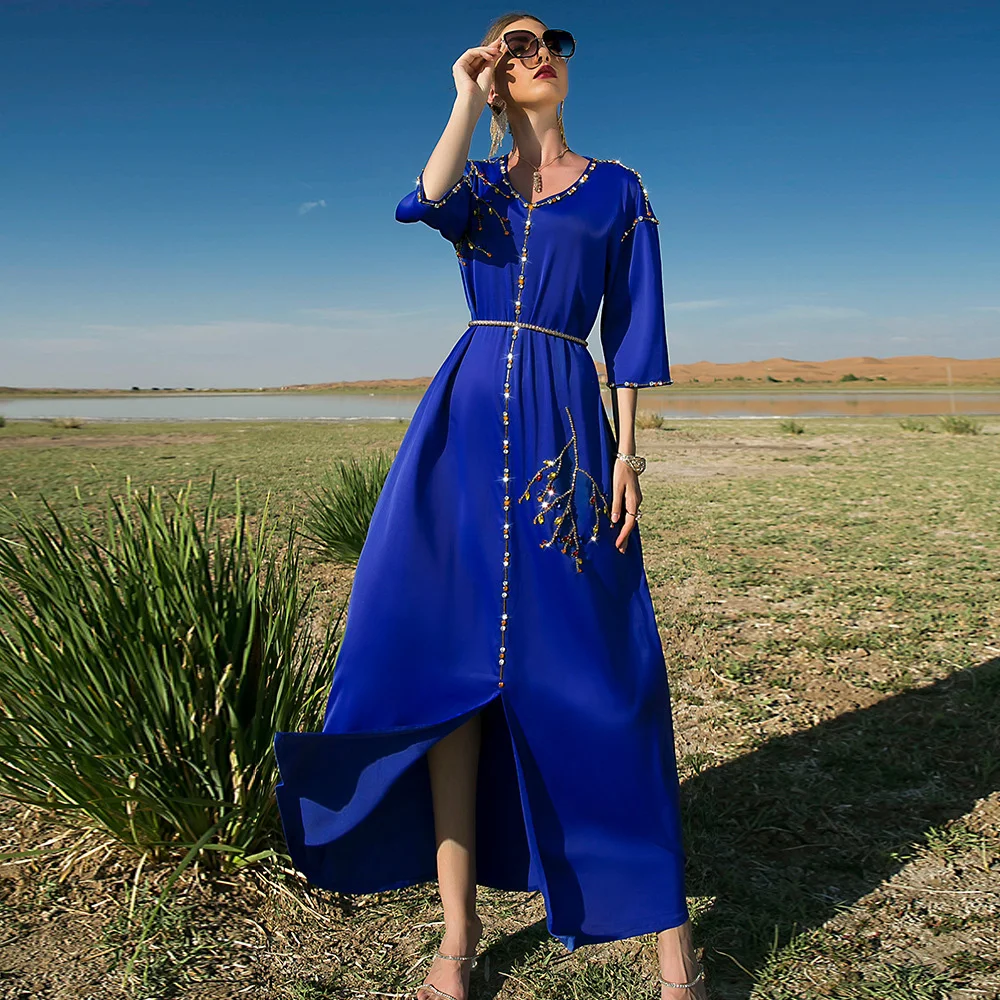 Синие шелковые женские модные платья, Марокканское кафтан, макси-платье, абайя, Дубай, роскошная мусульманская одежда Рамадана, женский хал...