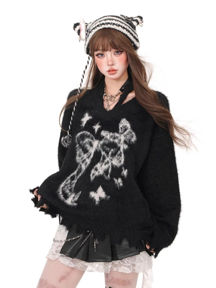 Винтажный свитер с черными дырками и ленивым принтом джемперы осень-зима новые