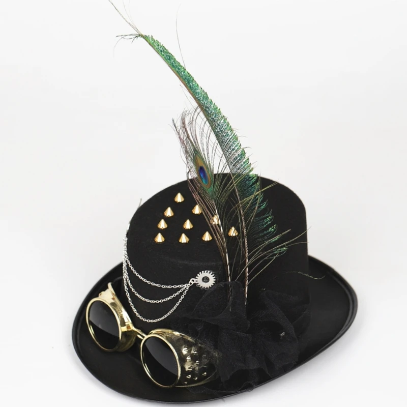 

652F Готическая Хэллоуин гей джазовая шляпа с очками перьями стимпанк котелок верхняя шляпа
