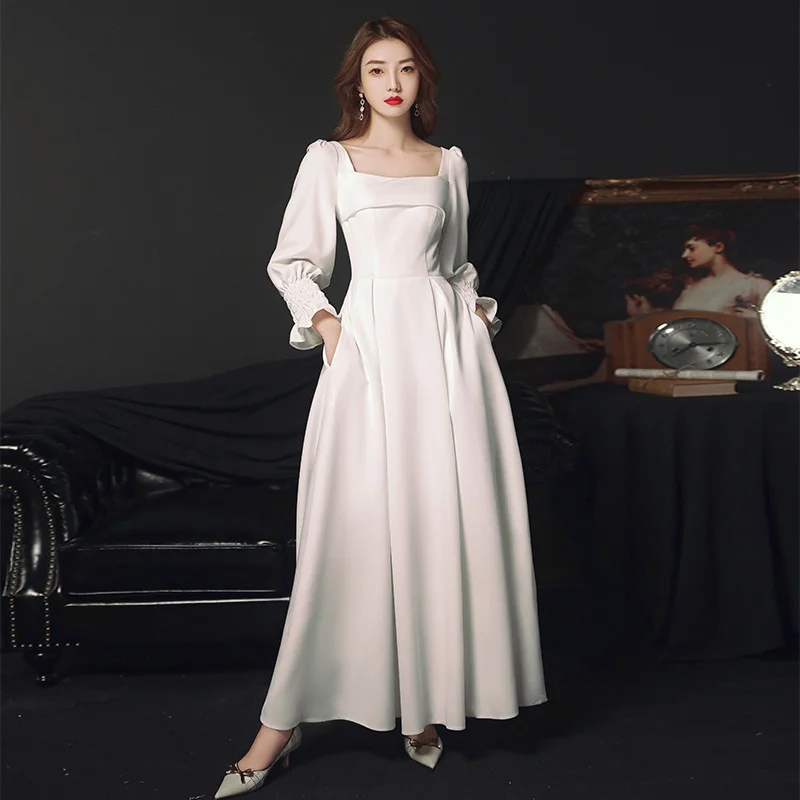 

White evening dress spring new style elegant French Satin Long Sleeve long banquet dress women
