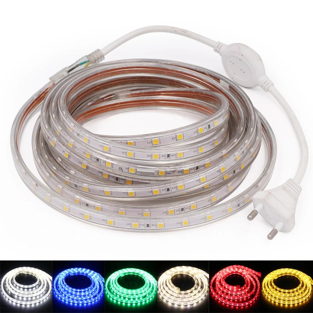 

LED Strip AC 220V Waterproof Outdoor Decoration Red Green Blue Yellow White 60LEDs/m SMD 5050 Flexible Ribbon Tape LED Light