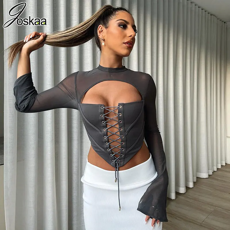 

Joskaa Sexy Street Backless O-neck Long Sleeve T-shirts Mesh Bandage Slim Crop Tops 2023 for Women Night Club Outfits Y2k Top