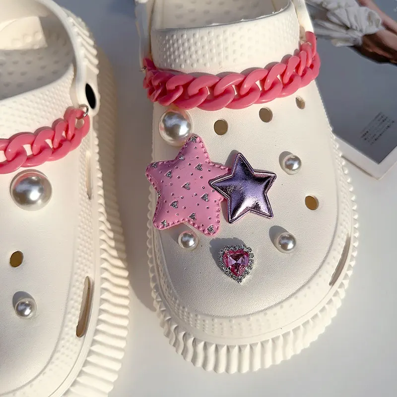 Pink Chunky Acrylic Chains Y2K Stars Shoes Charms Luxury Vintage Bling Heart Rhinestones Starry Sky Shoe Accessories Jewelry New