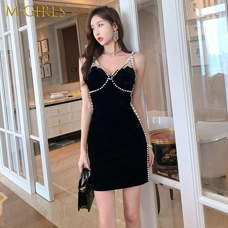 

M GIRLS Fashion Luxury Women Elegant Evening Dress Chic Black Pearl Sexy Strap Backless Slim Mini Party Club Gown Femme Mujer