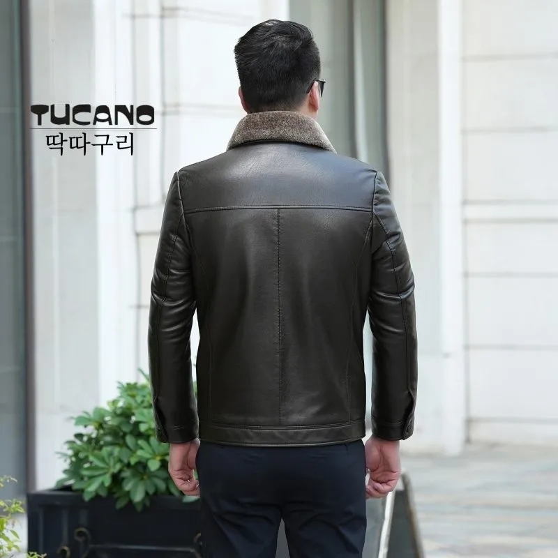 Утолщенное кожаное пальто на флисовой подкладке Дятел мужская очень большая