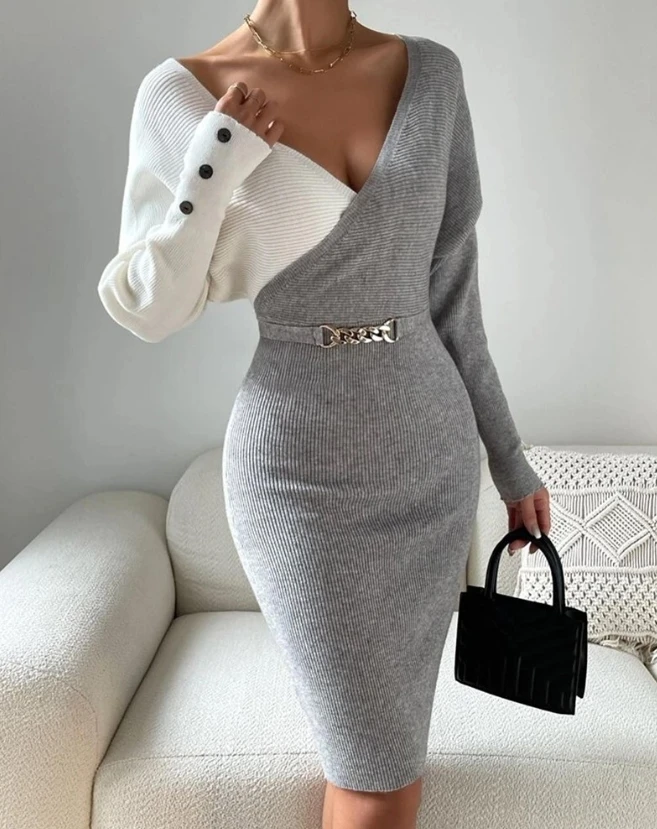 

Dresses for Women 2023 Autumn New Fashion Casual V-Neck Sexy Colorblock Button Decor Long Sleeve Knit Dress Temperament Commuter
