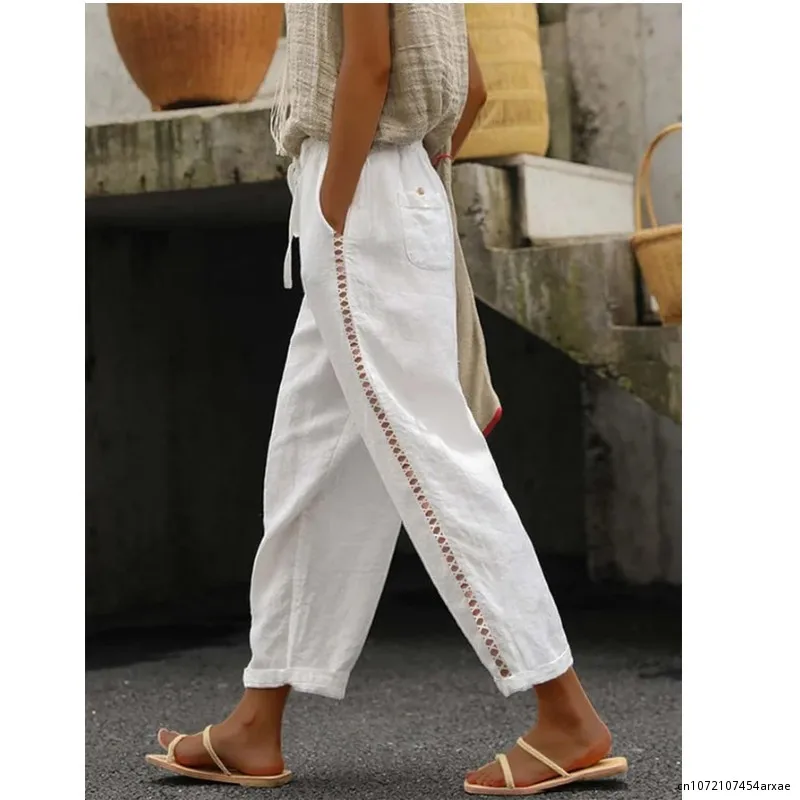 Harajuku Vintage Plain Cotton Linen Pants Women Sexy Side Hollow Lace Design Trousers New Spring Summer Pocket Tie-up Sweatpants