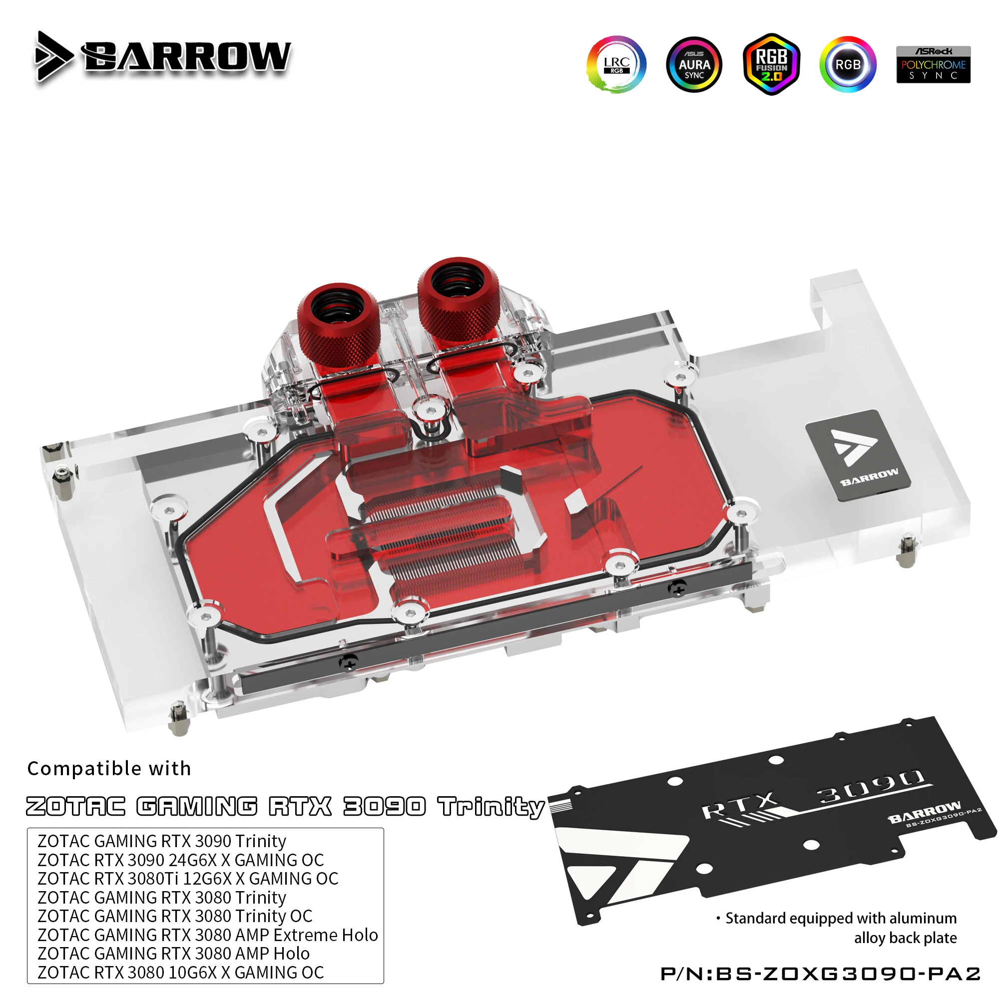 Barrow 3090 3080 GPU Water Block Cooling Backplane for ZOTAC RTX 3090 3080 X GAMING, Full Cover ARGB GPU Cooler, BS-ZOXG3090-PA2