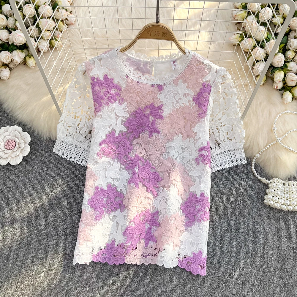

2022 New Arrival Summer Korean O Neck Women Blouses Vintage Elegant Hollow Out Lace Female Shirts Beach Style Blusas Mujer