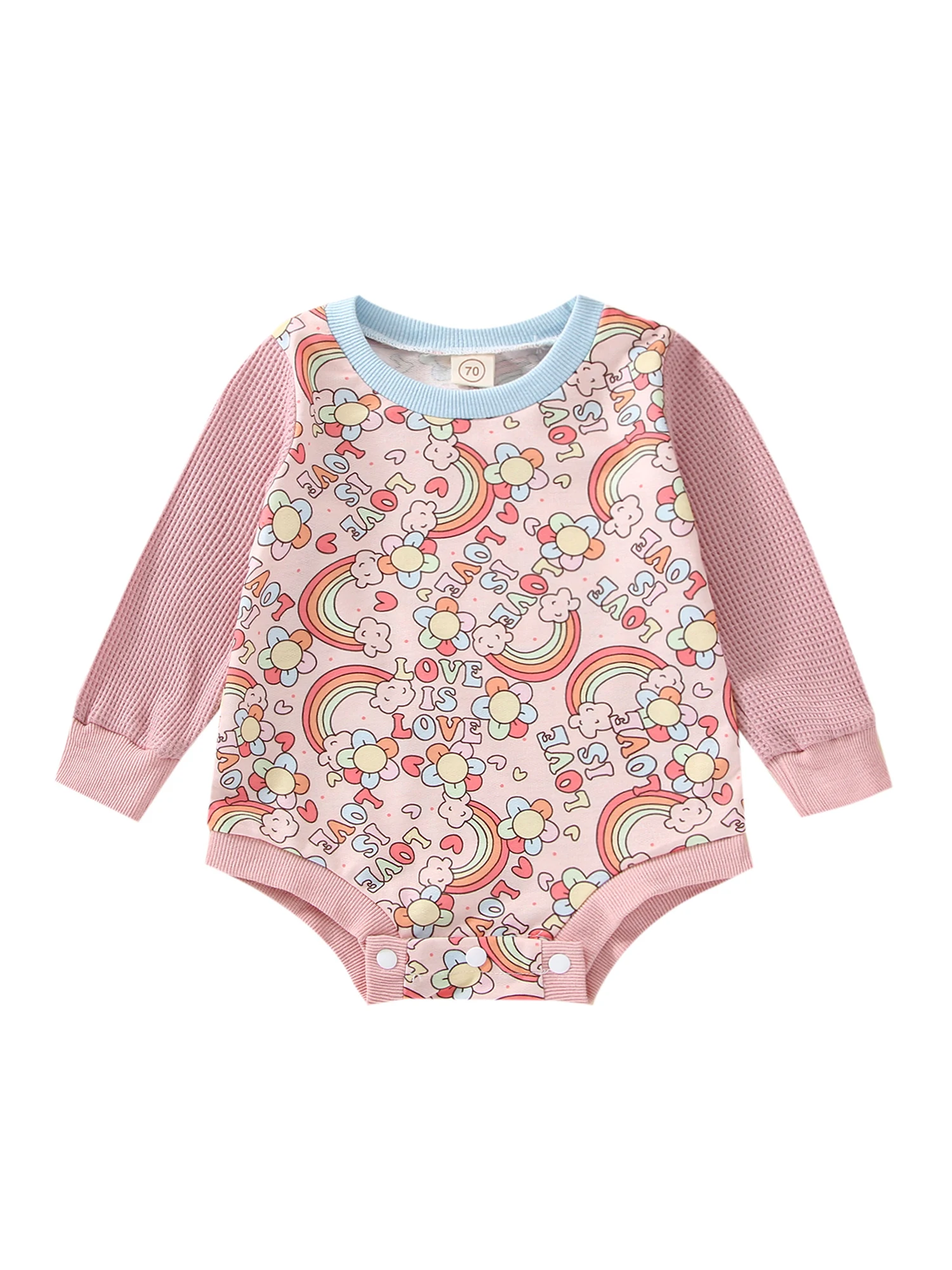 

Baby Newborn Romper Round Neck Long Sleeve Rainbow Flower Lettering Pattern Jumpsuit Elastic Cuff Bodysuit Outfit