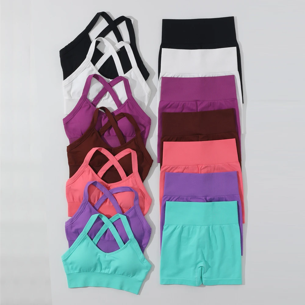 New Scrunch Butt Shorts Set for Women Seamless Yoga Sets Workout Gym Clothing Fitness Sportswear Women Summer Gym Sets